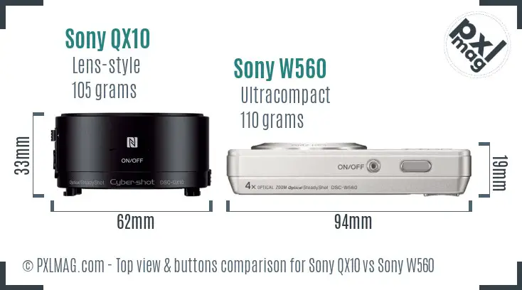 Sony QX10 vs Sony W560 top view buttons comparison