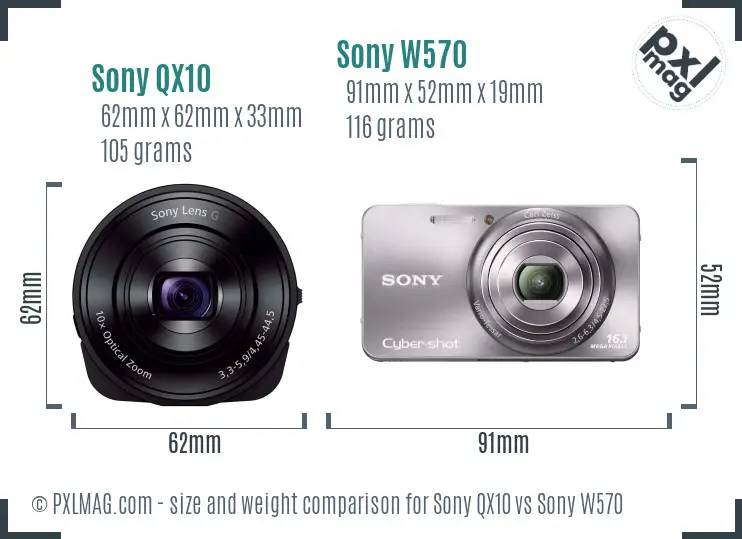 Sony QX10 vs Sony W570 size comparison
