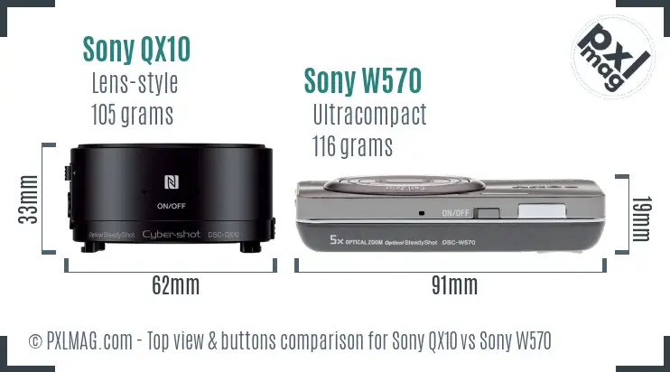 Sony QX10 vs Sony W570 top view buttons comparison