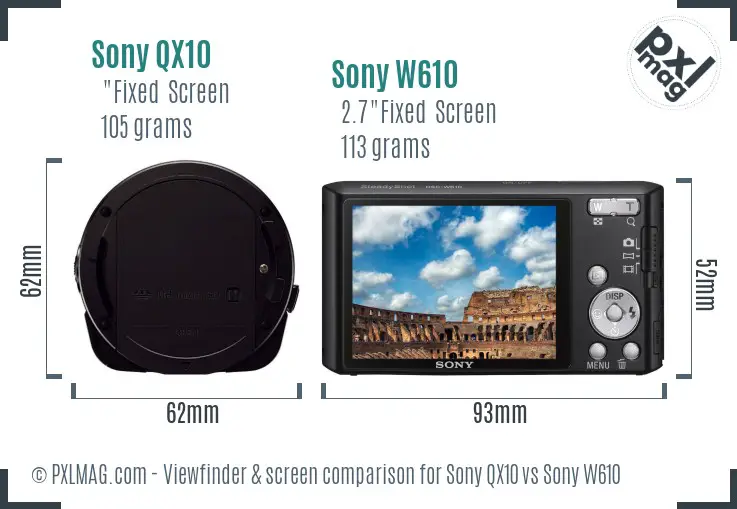Sony QX10 vs Sony W610 Screen and Viewfinder comparison