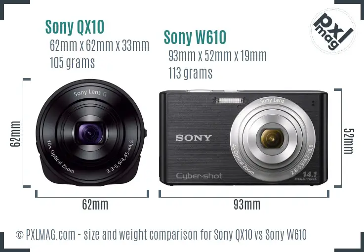 Sony QX10 vs Sony W610 size comparison