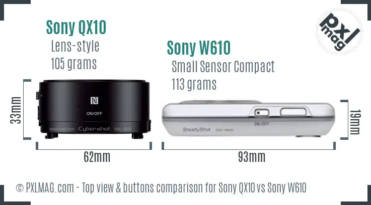 Sony QX10 vs Sony W610 top view buttons comparison