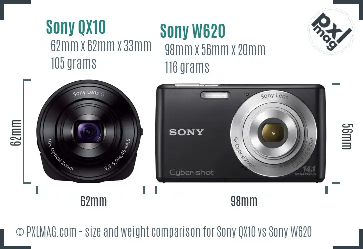 Sony QX10 vs Sony W620 size comparison