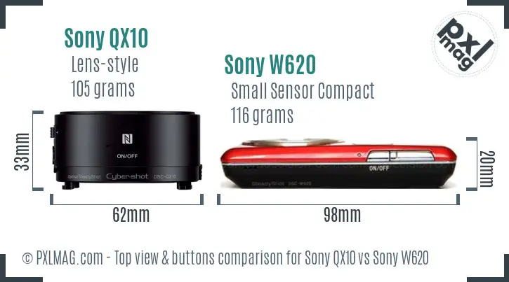Sony QX10 vs Sony W620 top view buttons comparison