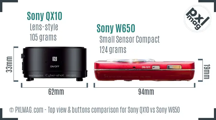 Sony QX10 vs Sony W650 top view buttons comparison