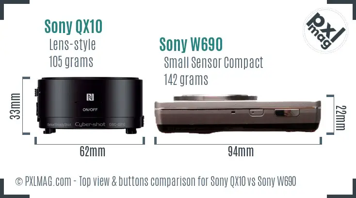 Sony QX10 vs Sony W690 top view buttons comparison