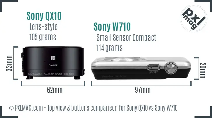 Sony QX10 vs Sony W710 top view buttons comparison