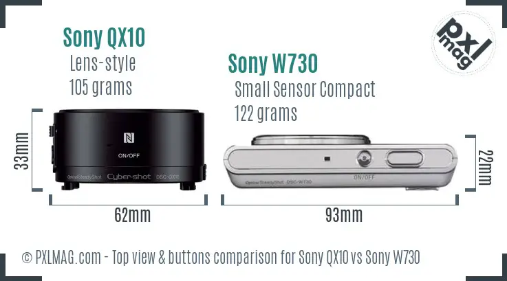 Sony QX10 vs Sony W730 top view buttons comparison