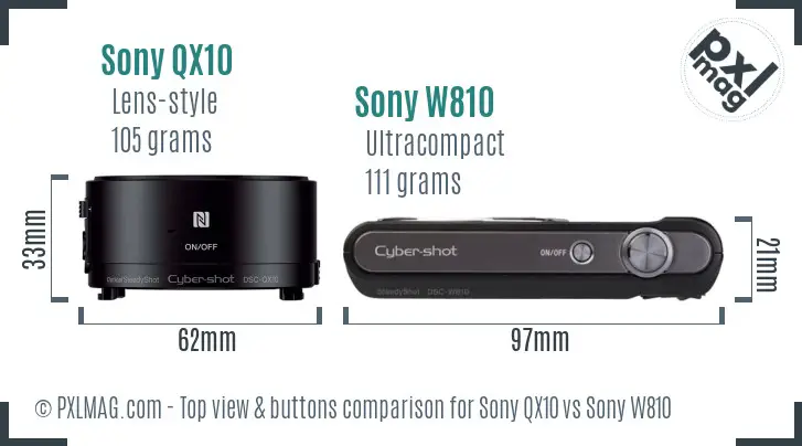 Sony QX10 vs Sony W810 top view buttons comparison