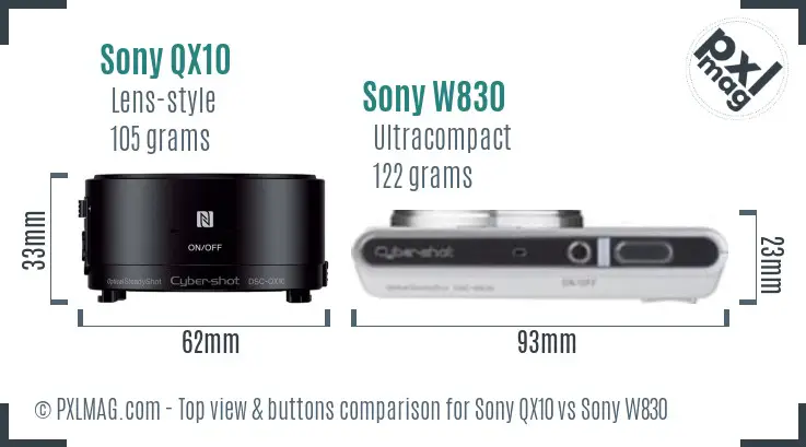 Sony QX10 vs Sony W830 top view buttons comparison