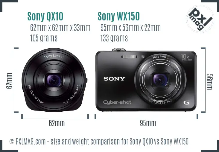 Sony QX10 vs Sony WX150 size comparison