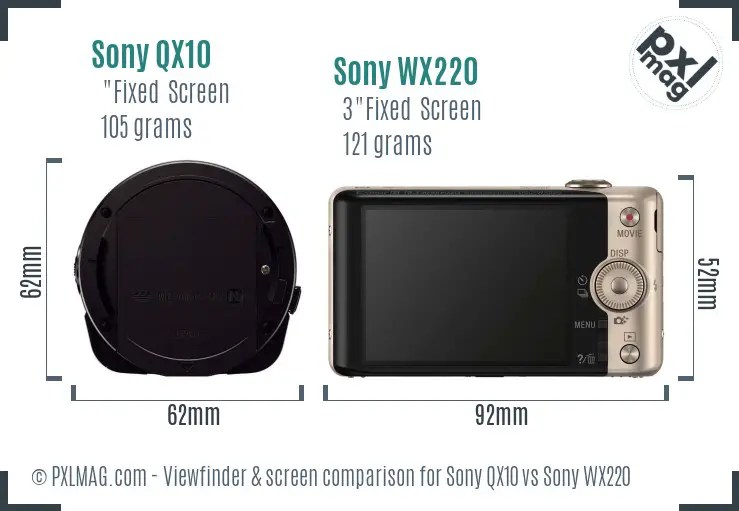 Sony QX10 vs Sony WX220 Screen and Viewfinder comparison