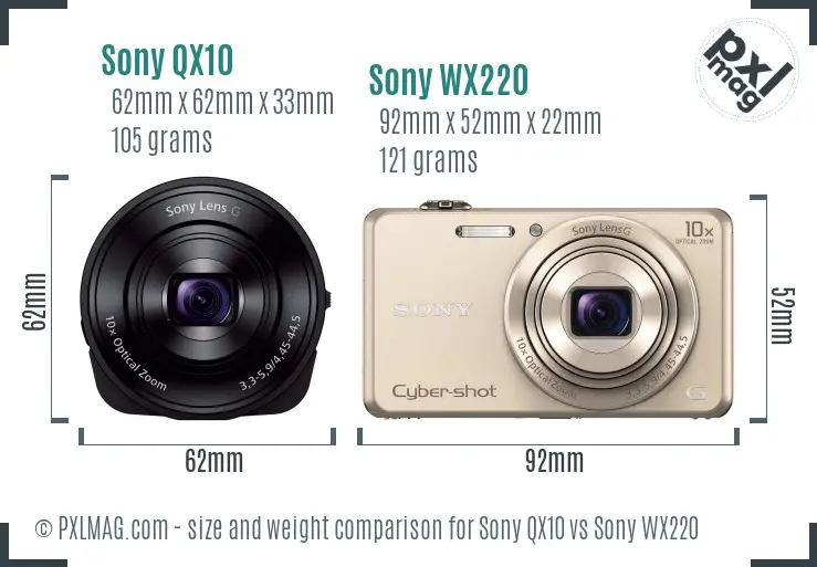 Sony QX10 vs Sony WX220 size comparison