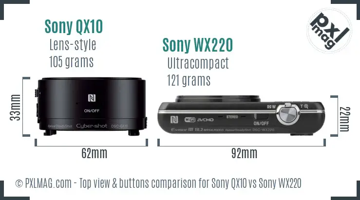 Sony QX10 vs Sony WX220 top view buttons comparison