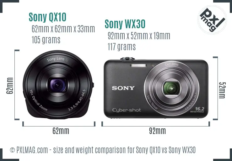 Sony QX10 vs Sony WX30 size comparison
