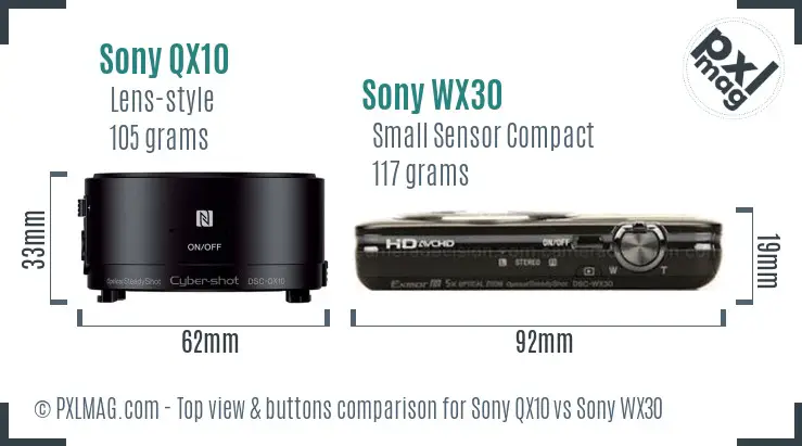 Sony QX10 vs Sony WX30 top view buttons comparison