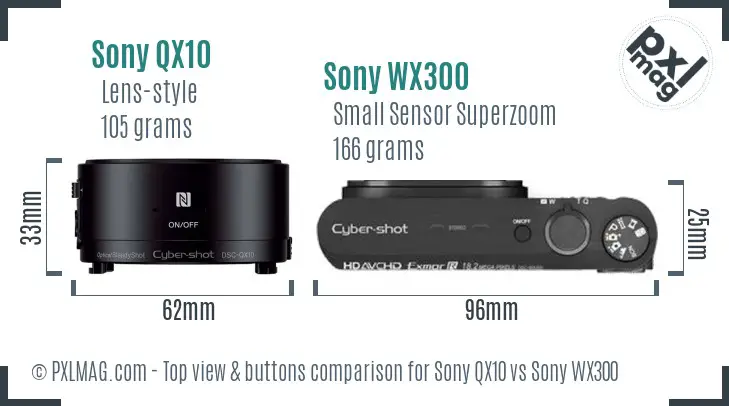 Sony QX10 vs Sony WX300 top view buttons comparison