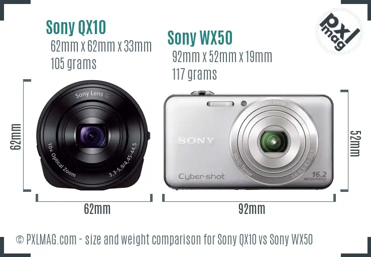 Sony QX10 vs Sony WX50 size comparison
