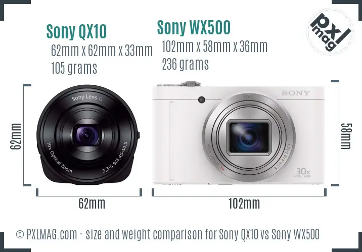 Sony QX10 vs Sony WX500 size comparison