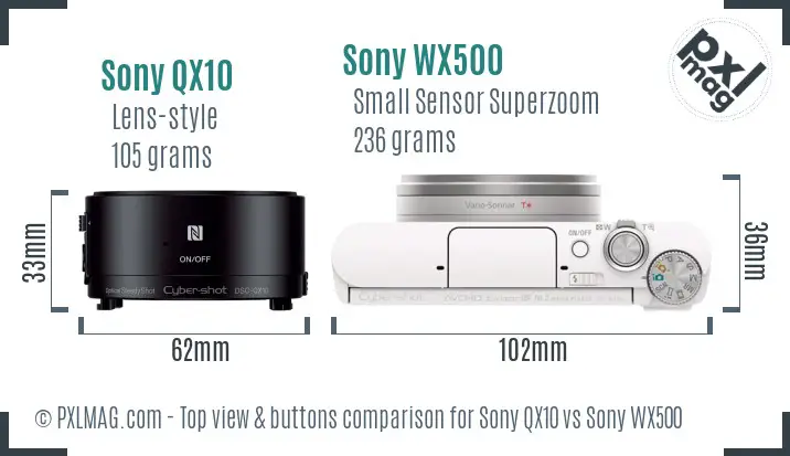 Sony QX10 vs Sony WX500 top view buttons comparison