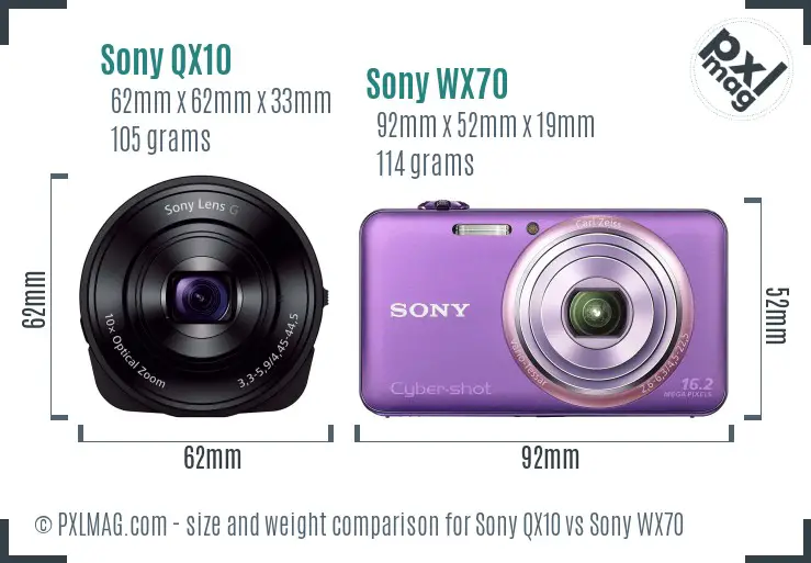Sony QX10 vs Sony WX70 size comparison