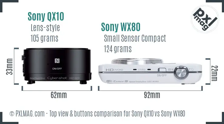 Sony QX10 vs Sony WX80 top view buttons comparison