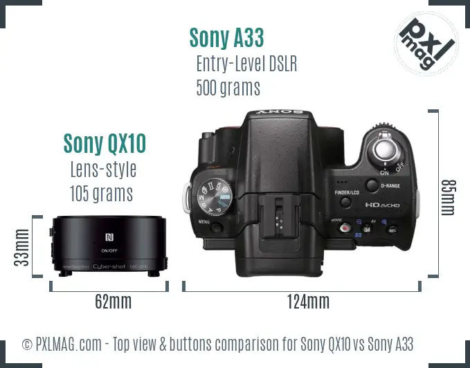 Sony QX10 vs Sony A33 top view buttons comparison