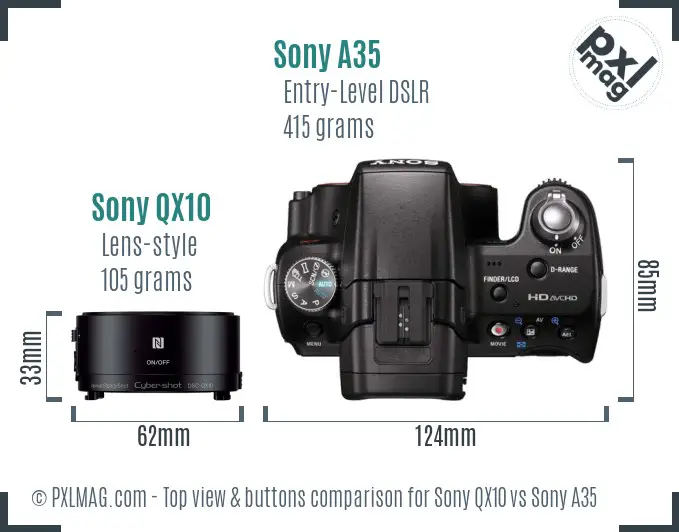 Sony QX10 vs Sony A35 top view buttons comparison
