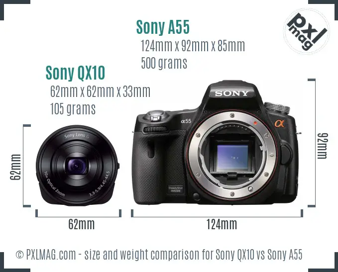 Sony QX10 vs Sony A55 size comparison