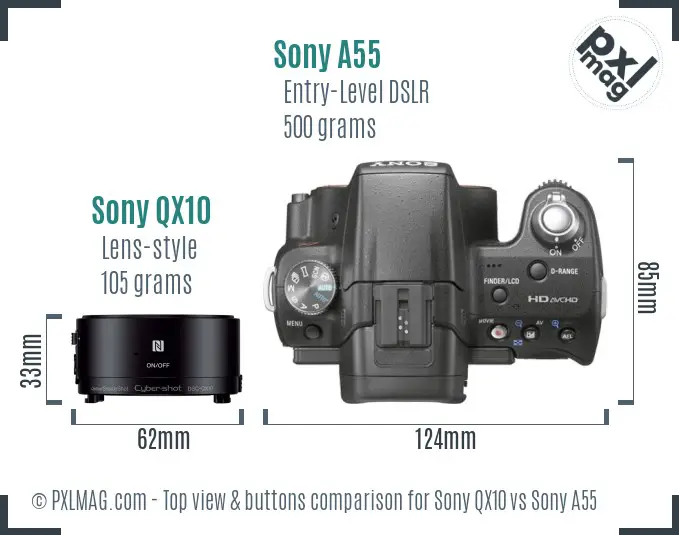 Sony QX10 vs Sony A55 top view buttons comparison