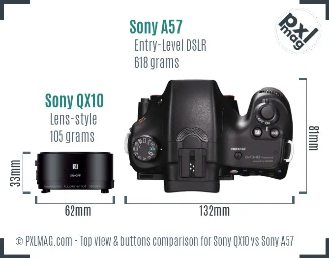 Sony QX10 vs Sony A57 top view buttons comparison