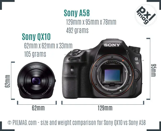 Sony QX10 vs Sony A58 size comparison