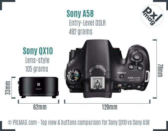 Sony QX10 vs Sony A58 top view buttons comparison