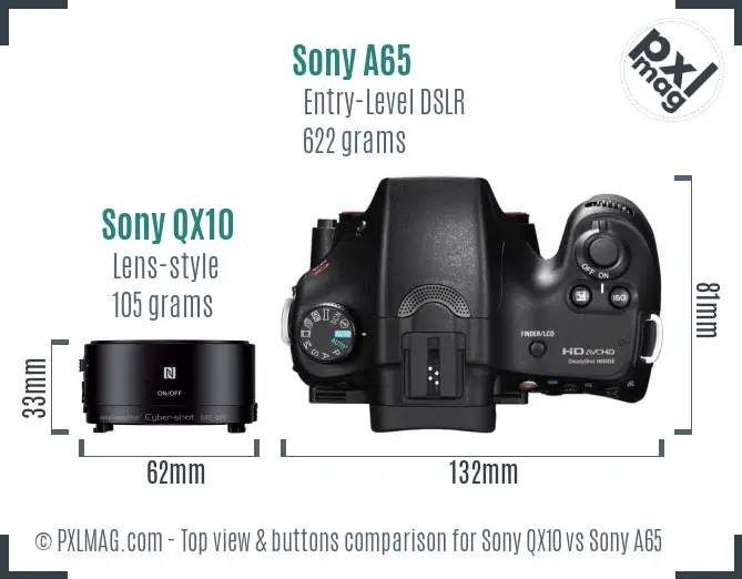 Sony QX10 vs Sony A65 top view buttons comparison