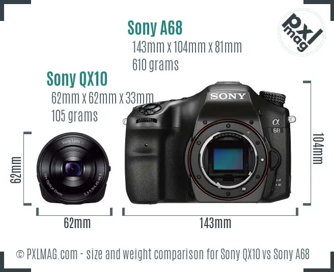 Sony QX10 vs Sony A68 size comparison