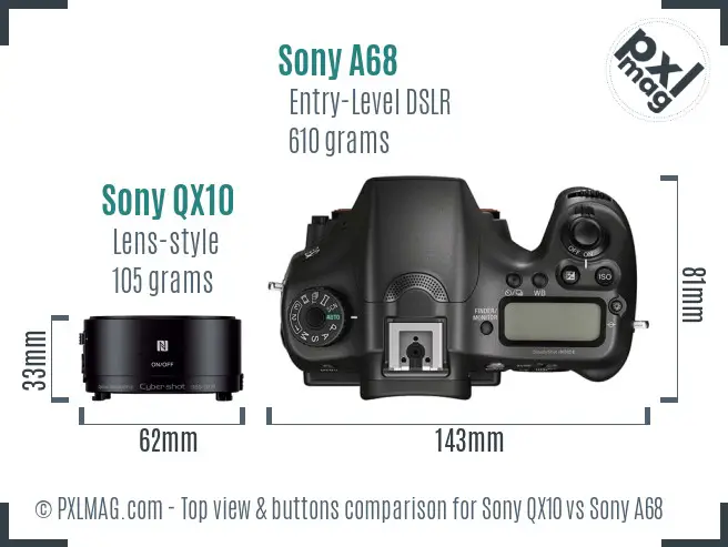 Sony QX10 vs Sony A68 top view buttons comparison