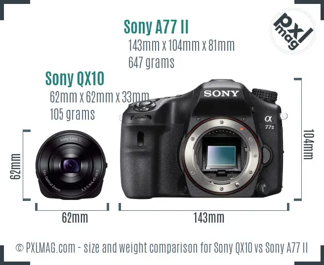 Sony QX10 vs Sony A77 II size comparison