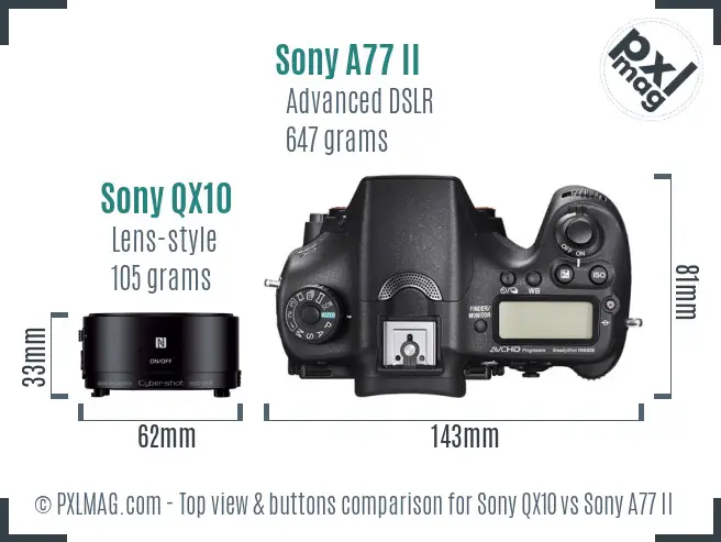 Sony QX10 vs Sony A77 II top view buttons comparison