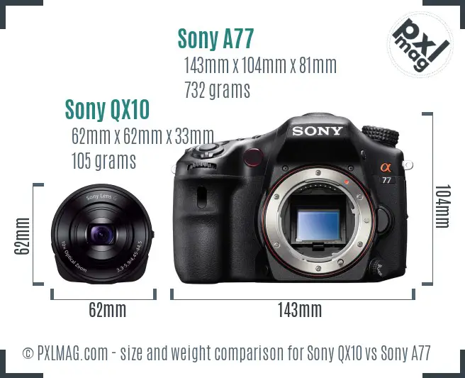Sony QX10 vs Sony A77 size comparison