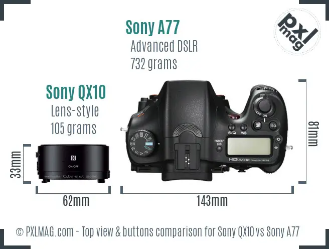 Sony QX10 vs Sony A77 top view buttons comparison