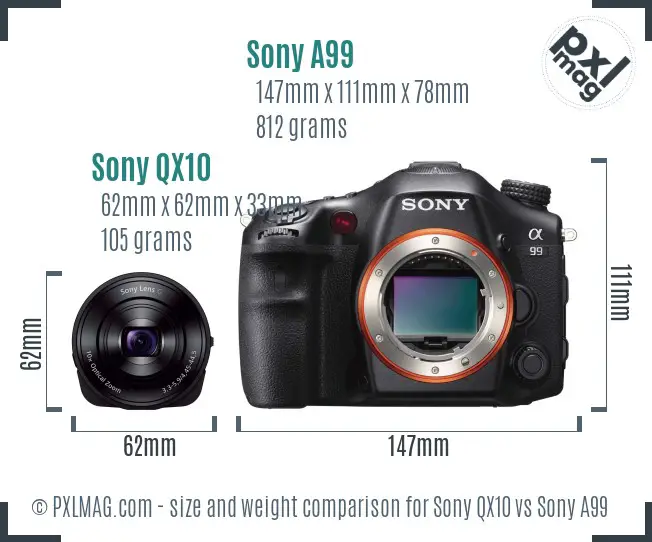 Sony QX10 vs Sony A99 size comparison