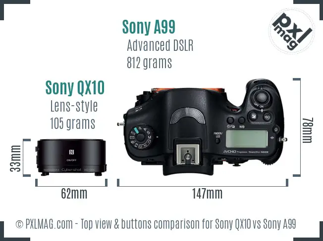 Sony QX10 vs Sony A99 top view buttons comparison