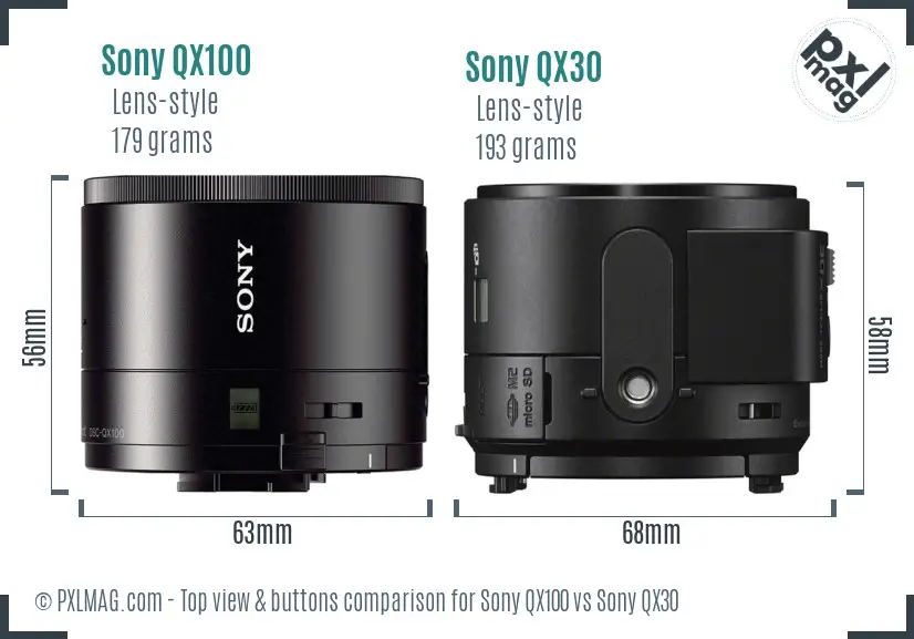 Sony QX100 vs Sony QX30 top view buttons comparison