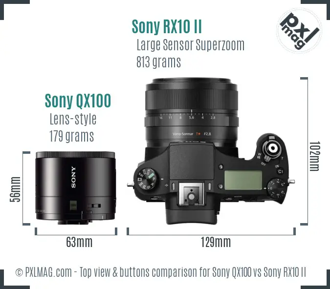 Sony QX100 vs Sony RX10 II top view buttons comparison