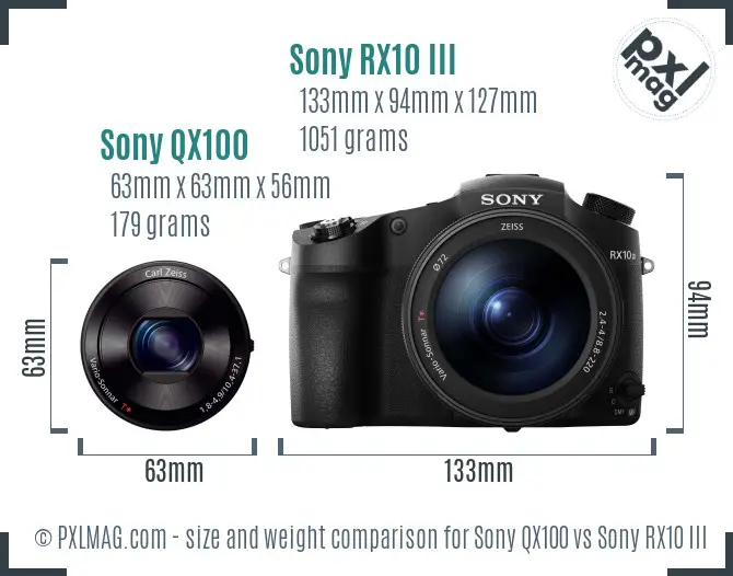 Sony QX100 vs Sony RX10 III size comparison