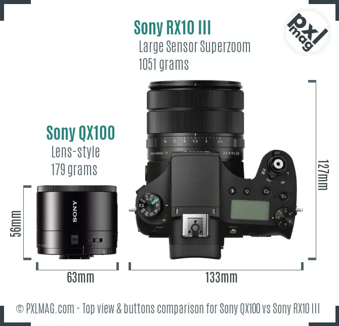 Sony QX100 vs Sony RX10 III top view buttons comparison