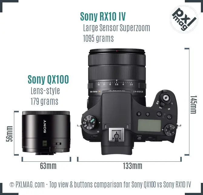Sony QX100 vs Sony RX10 IV top view buttons comparison
