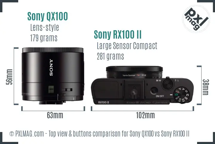 Sony QX100 vs Sony RX100 II top view buttons comparison