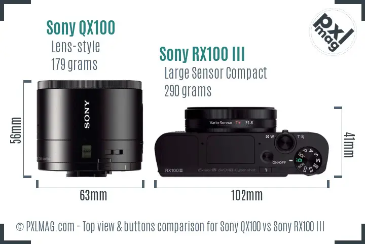 Sony QX100 vs Sony RX100 III top view buttons comparison