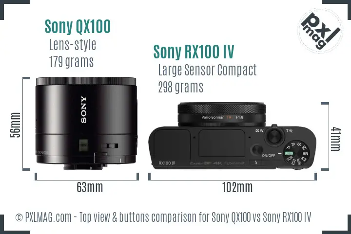 Sony QX100 vs Sony RX100 IV top view buttons comparison